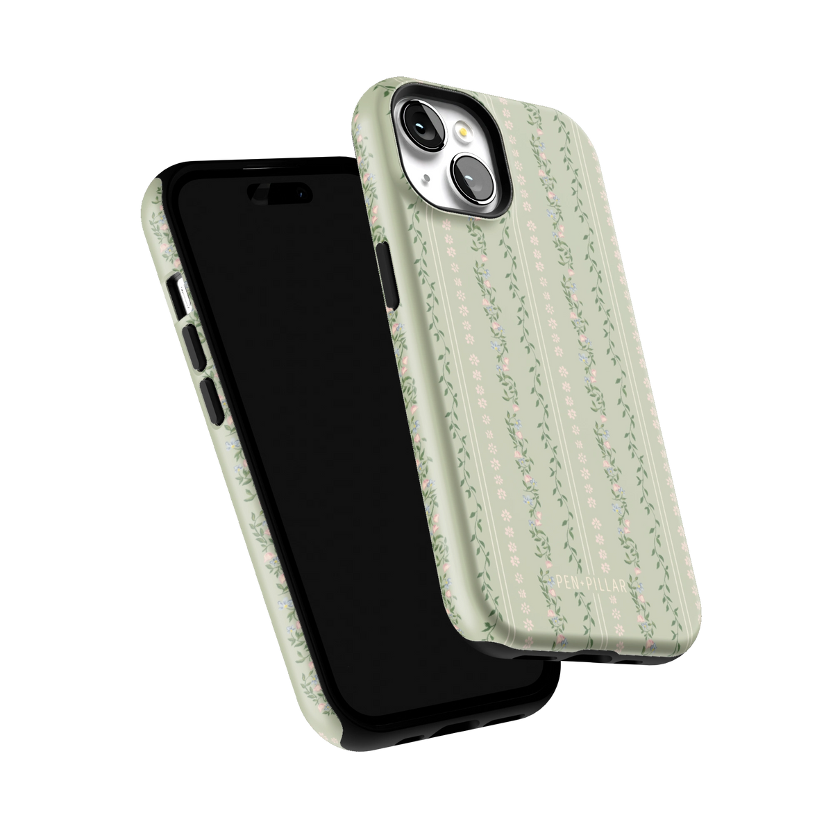 Camellia iPhone 15 case tilted to show the raised edges around the screen and camera