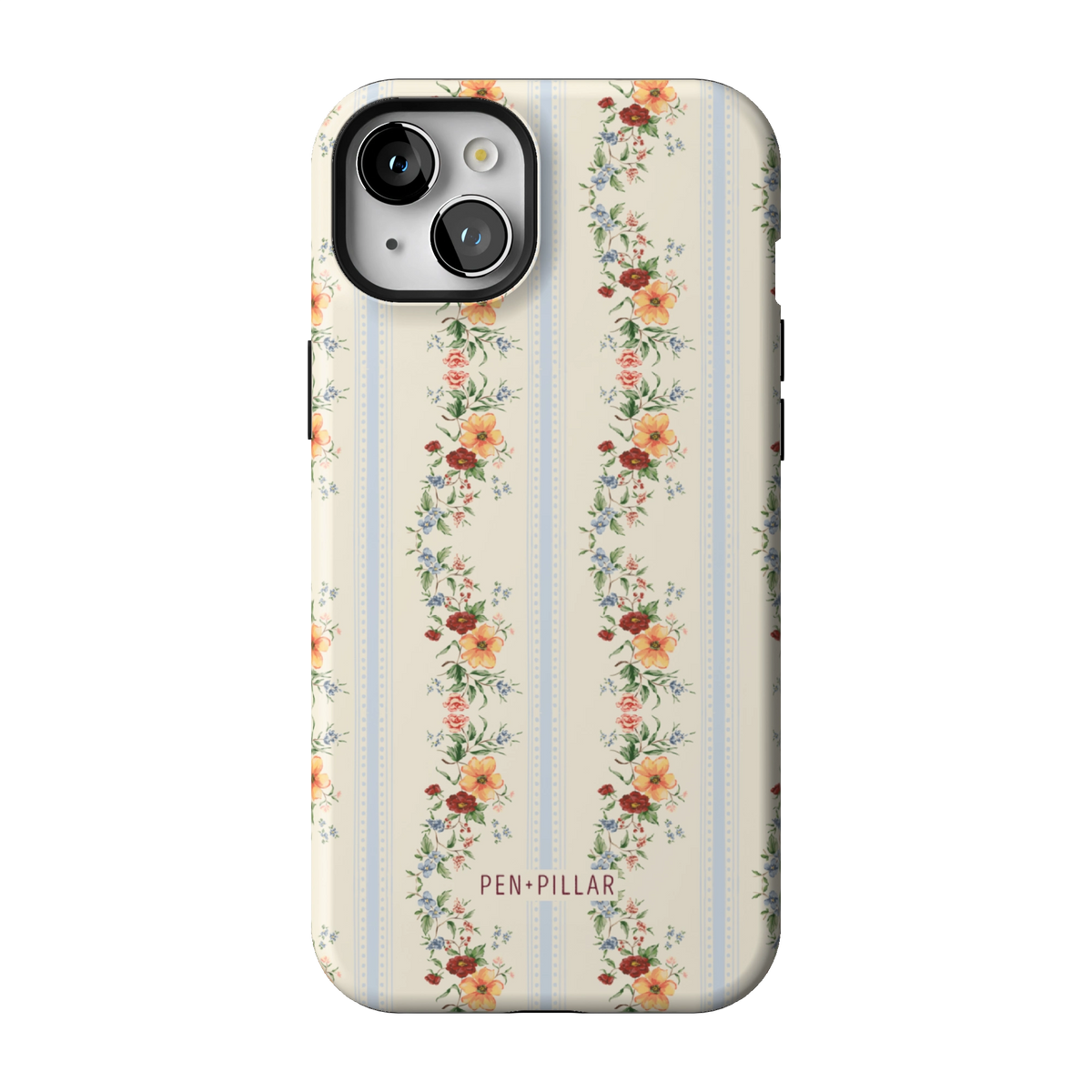 Wallflower case on iPhone 15 Plus, back view: floral garlands in orange and blush on cream and pale blue stripes