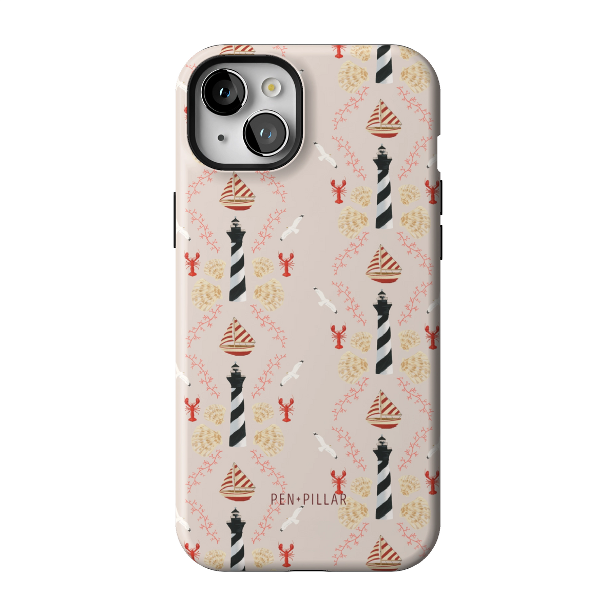 Lighthouse case on iPhone 15 Plus, back view: striped lighthouses, lobsters and seashells on blush
