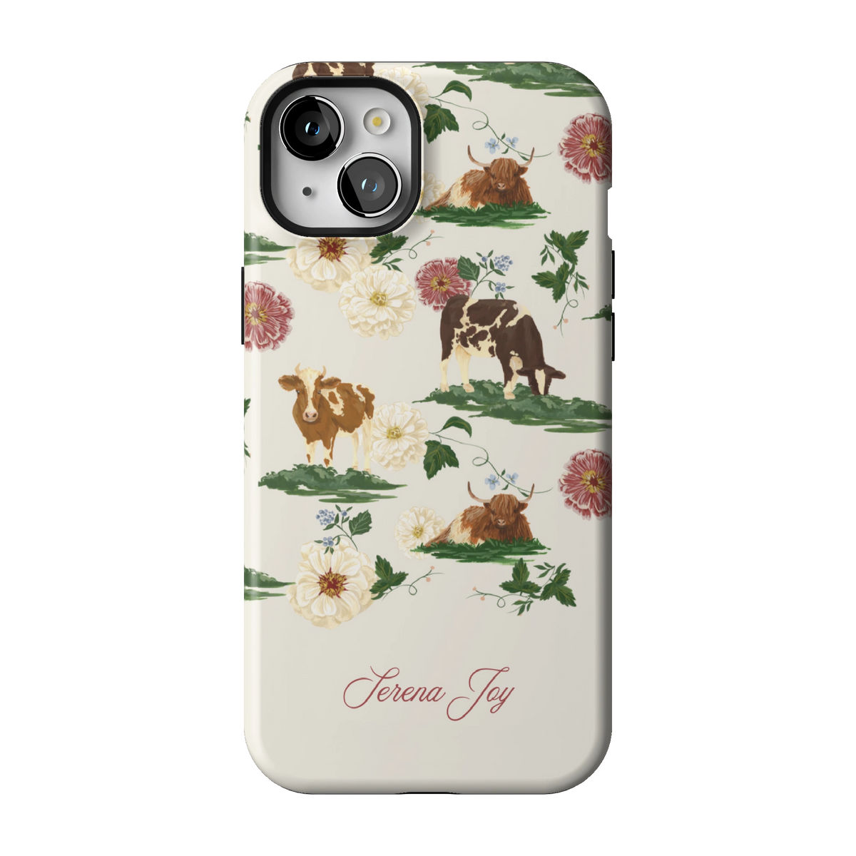 Pasture Personalized case on iPhone 15 Plus, back view: cows and dahlias in a countryside scene on cream with a name in script