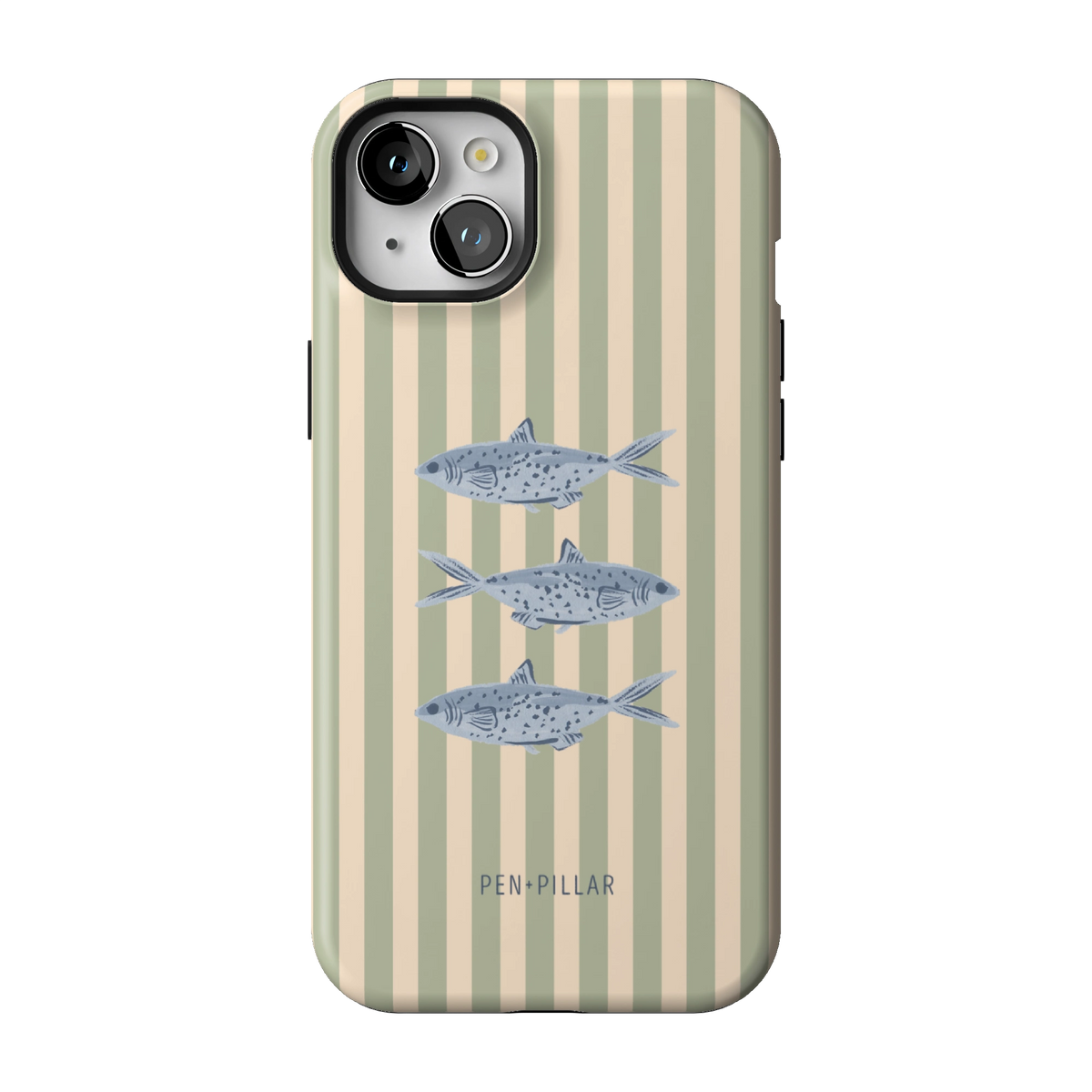 Sea Stripes case on iPhone 15 Plus, back view: blue fish on sage and cream stripes
