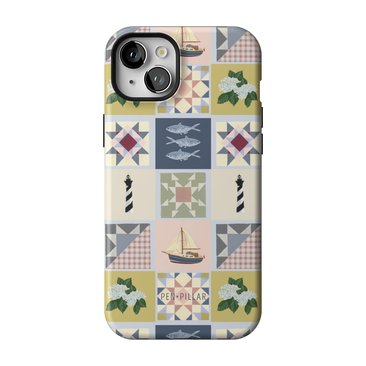 Coastal Quilt case on iPhone 15 Plus, back view: quilt blocks with sailboats, fish, a lighthouse and hydrangeas in navy, sage and blush