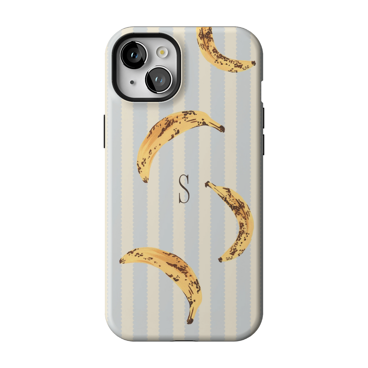 Striped Bananas Personalized case on iPhone 15 Plus, back view: ripe bananas on pale blue and cream stripes with the initial S