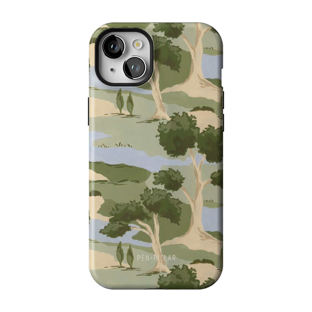 Orchard case on iPhone 15 Plus, back view: rolling green trees and winding blue streams on cream