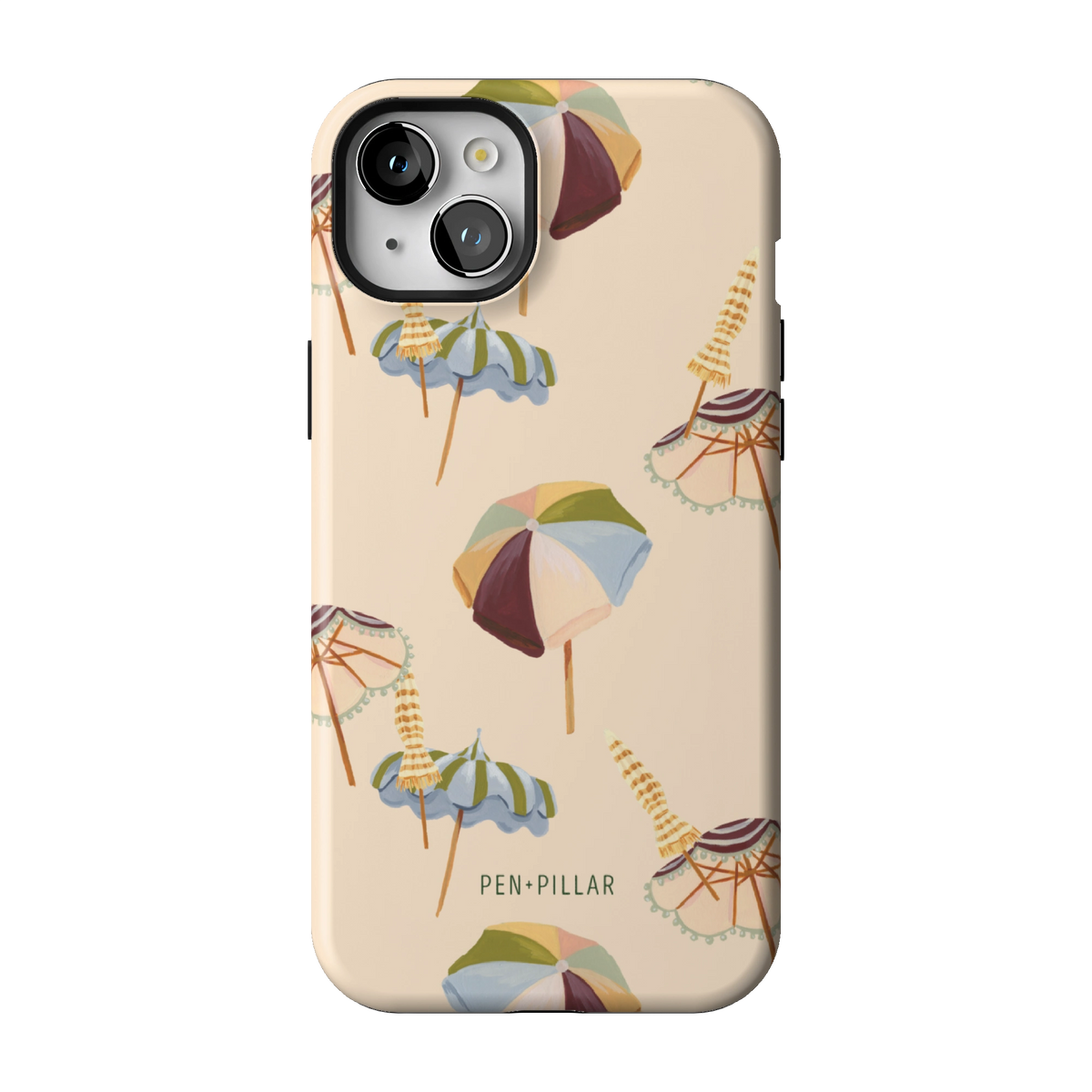 Umbrellas case on iPhone 15 Plus, back view: striped beach umbrellas and loungers on warm sand