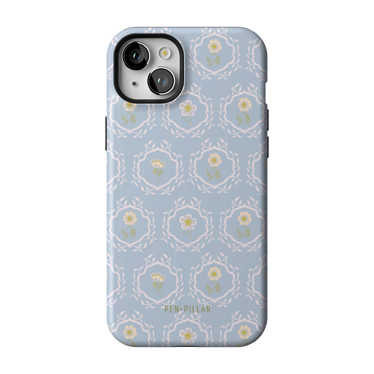 Merrigold case on iPhone 15 Plus, back view: small white florals in a lattice on pale blue