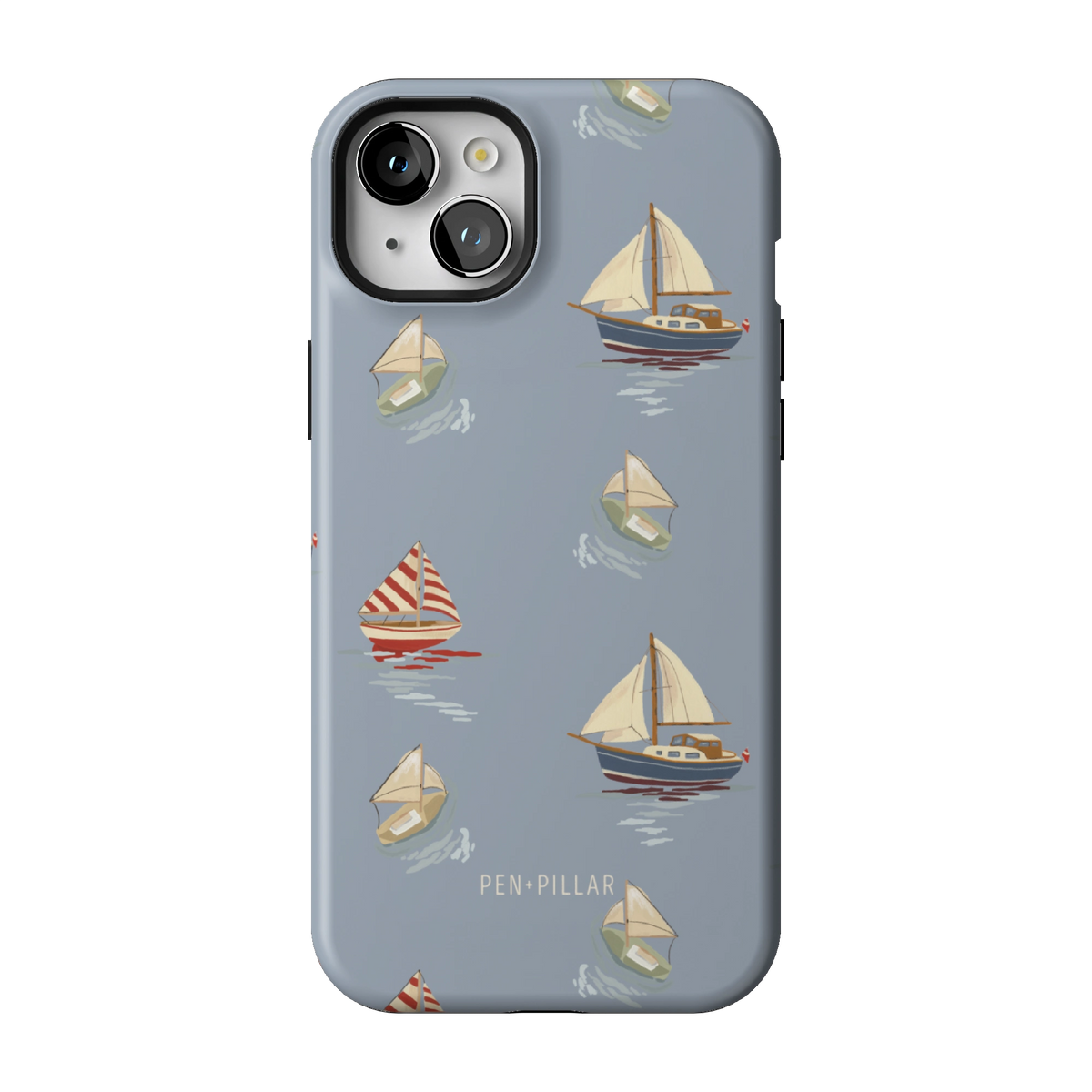 Harbor case on iPhone 15 Plus, back view: sailboats and paper boats on dusty blue
