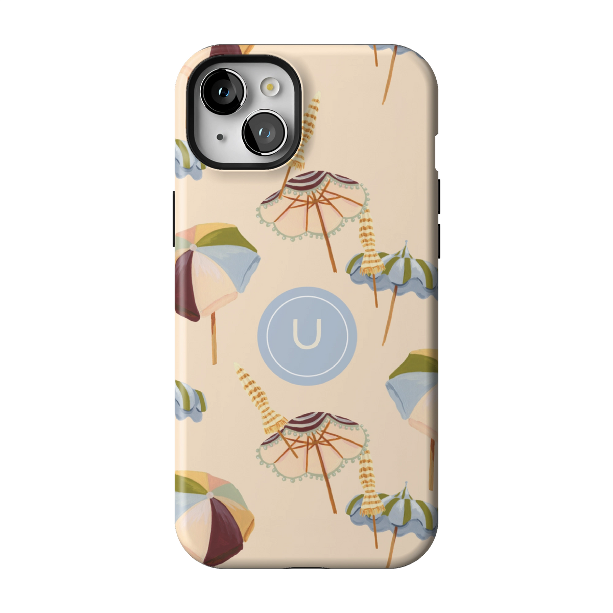 Umbrellas Personalized case on iPhone 15 Plus, back view: striped beach umbrellas and loungers on warm sand with the initial U