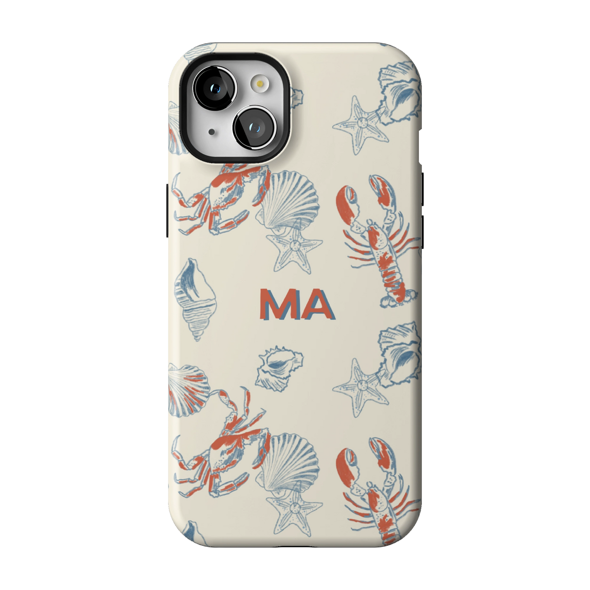 Mariner Personalized case on iPhone 15 Plus, back view: red lobsters, blue crabs and seashells on cream with the initials MA