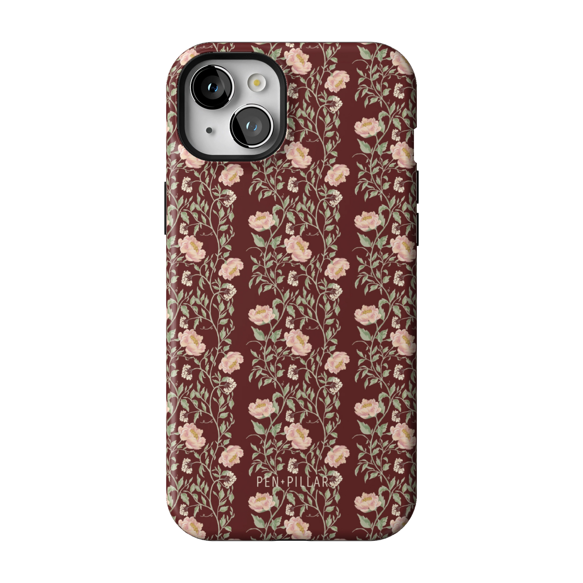Thicket case on iPhone 15 Plus, back view: dense blush and cream florals on deep burgundy