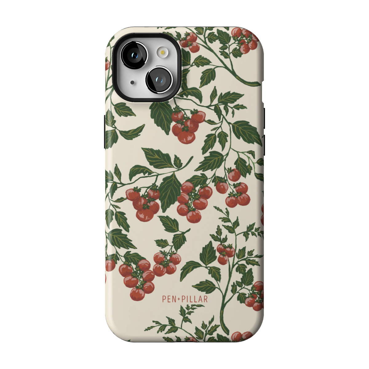 Tomato Vines case on iPhone 15 Plus, back view: red tomatoes on leafy green vines over cream