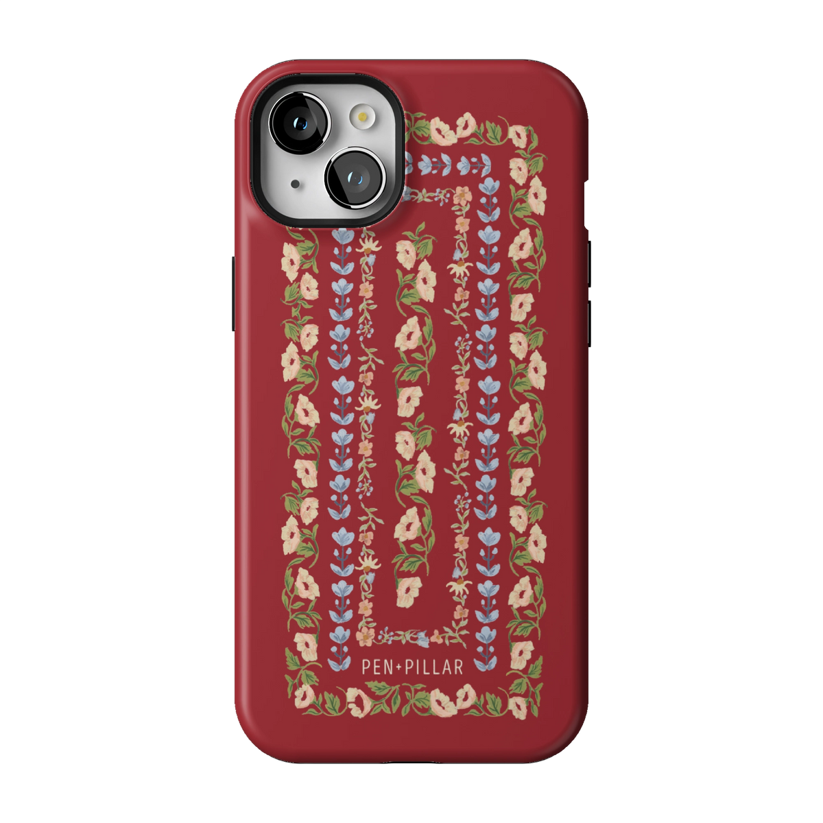 Fiona case on iPhone 15 Plus, back view: ornate floral stripes in cream, blush and blue on rich red