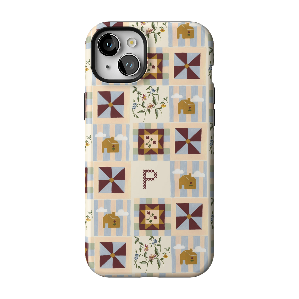Pinwheel Personalized case on iPhone 15 Plus, back view: burgundy pinwheel quilt blocks on blue stripes with the initial P