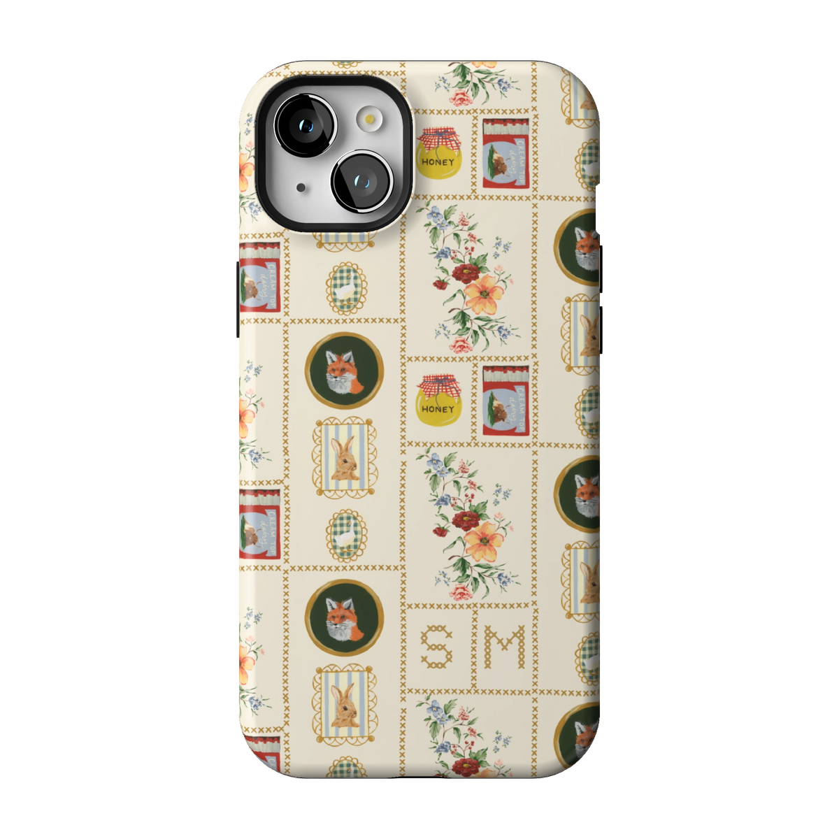 Sampler Personalized case on iPhone 15 Plus, back view: cross-stitch style squares of jars, animals and florals on cream with the initials SM