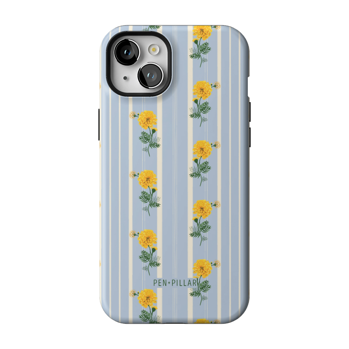 October Birth Month case on iPhone 15 Plus, back view: yellow marigolds on blue and cream stripes