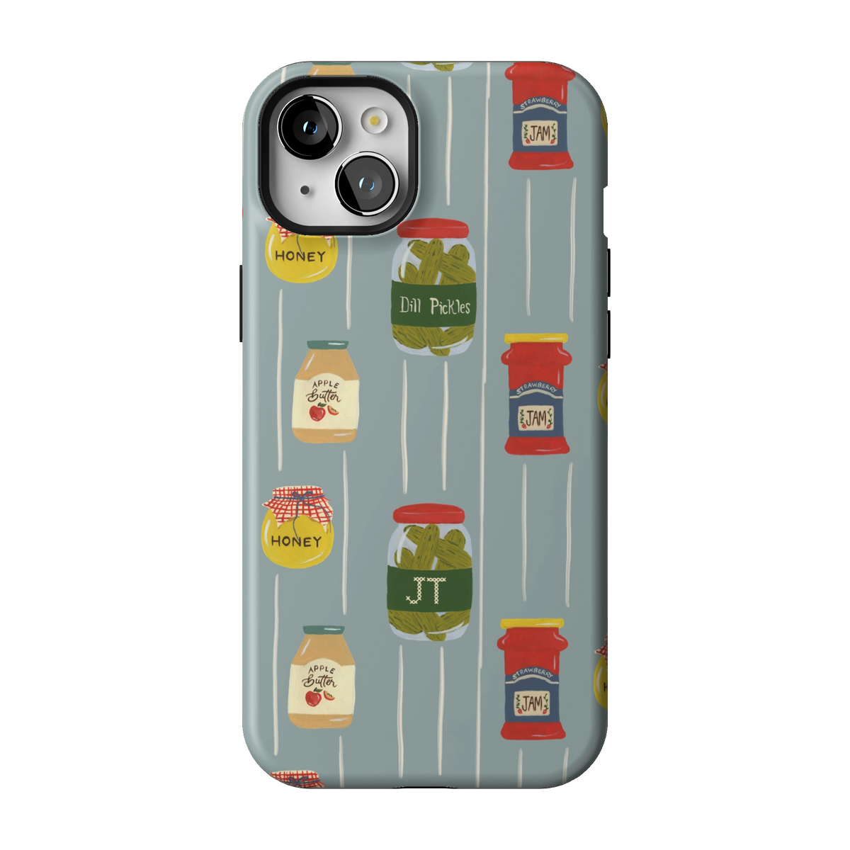 Preserves Personalized case on iPhone 15 Plus, back view: jars of honey, pickles and jam on slate blue stripes with the initials JT