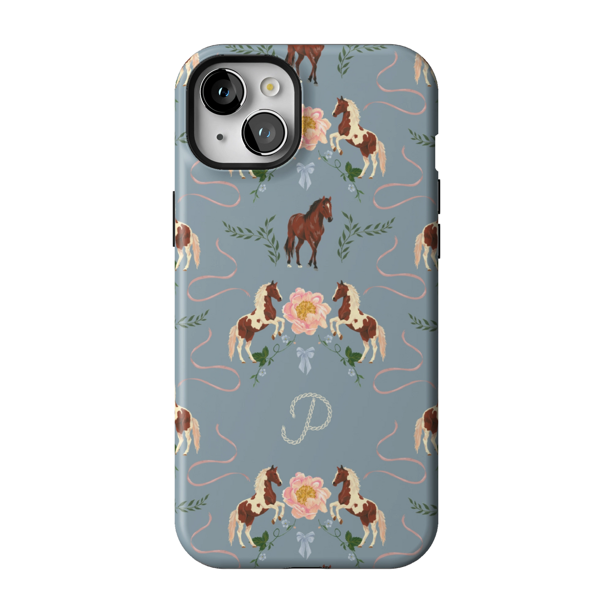 Prairie Personalized case on iPhone 15 Plus, back view: horses and blush florals on dusty blue with the initial P