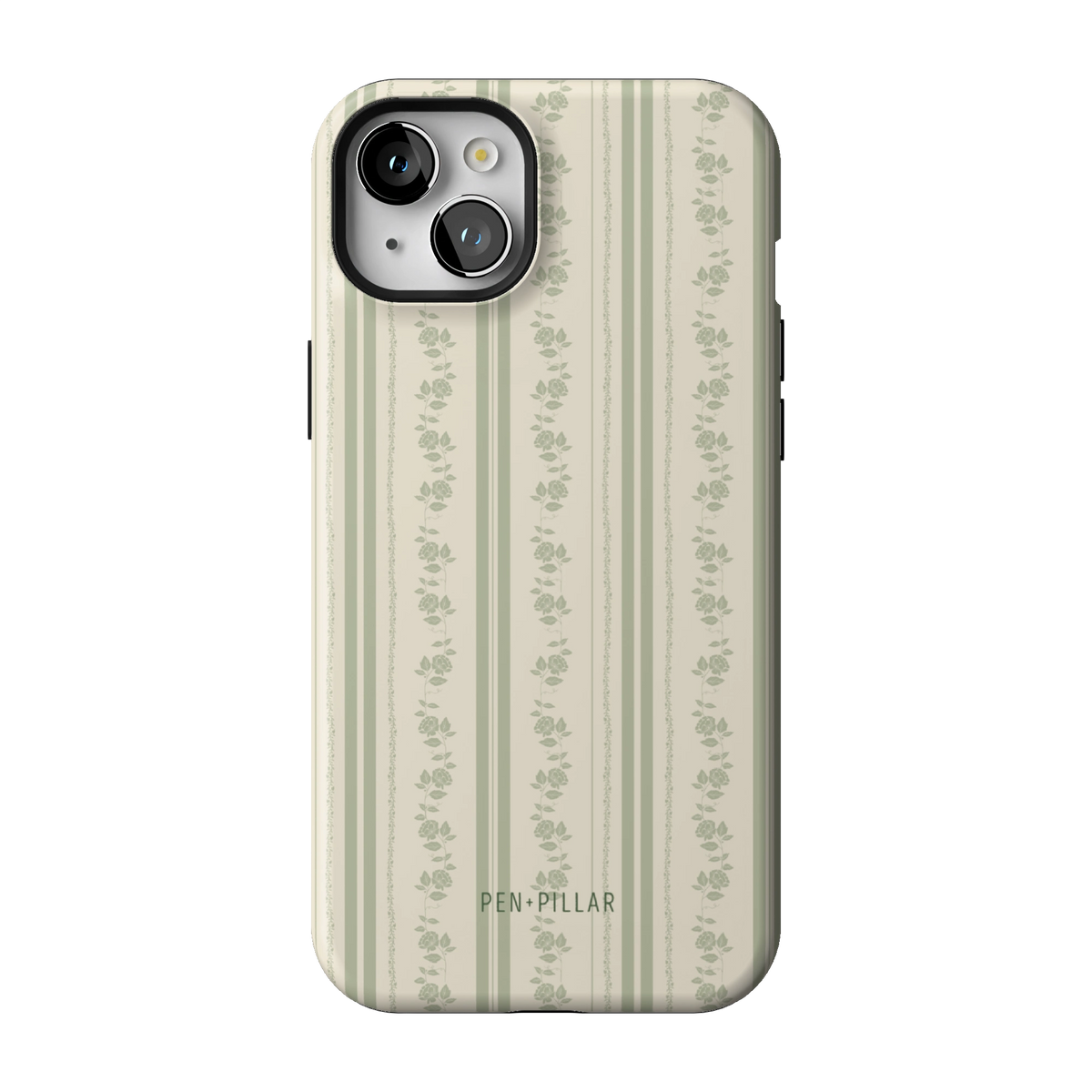 Roselle case on iPhone 15 Plus, back view: white floral vines on sage green stripes