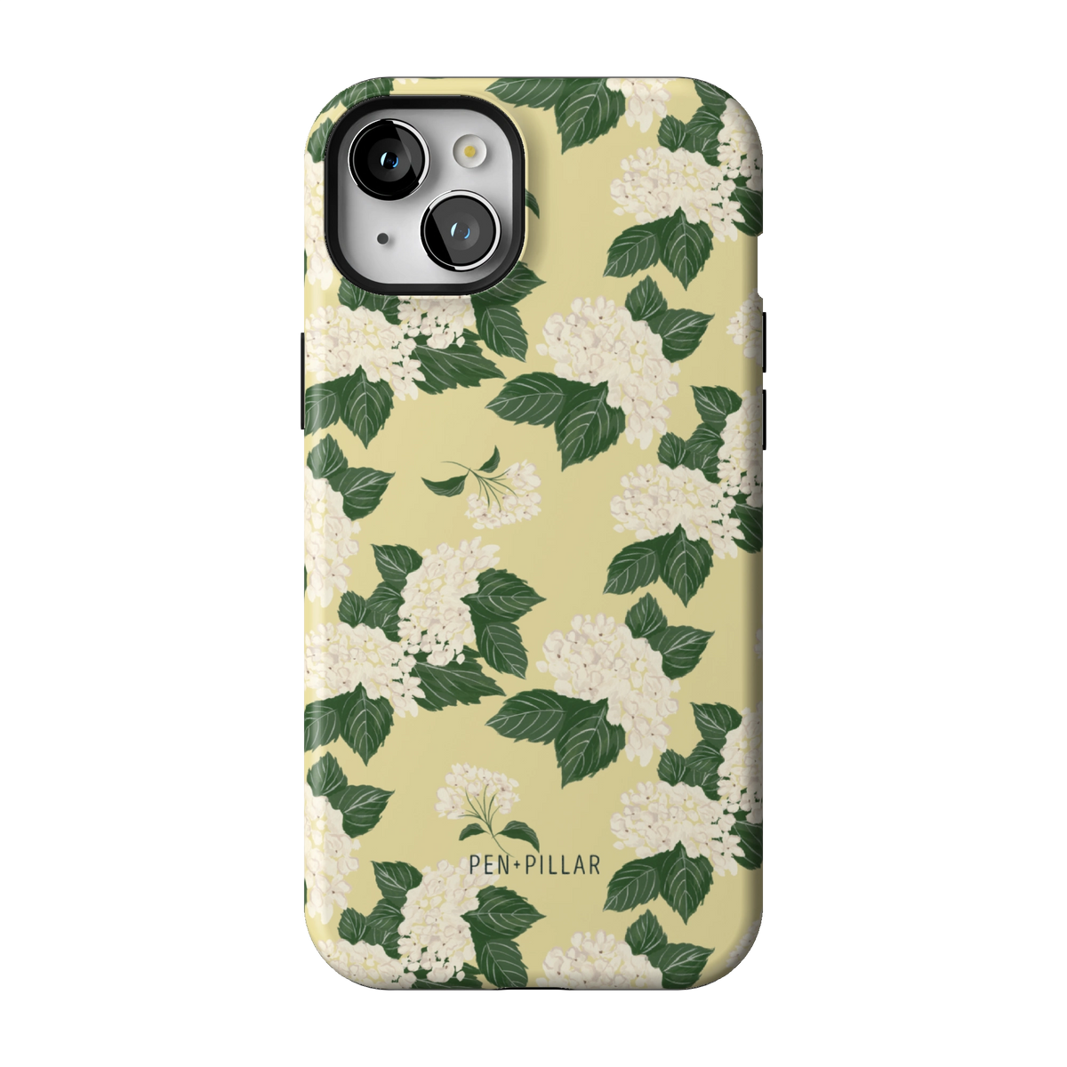 Hydrangea case on iPhone 15 Plus, back view: white hydrangeas and green leaves on buttery yellow