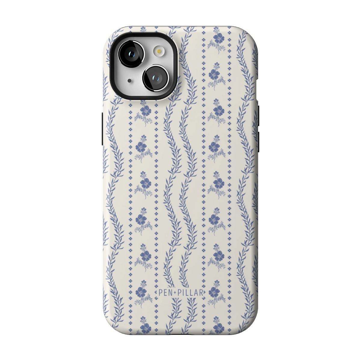 Riviera case on iPhone 15 Plus, back view: blue florals and vines in stripes on white