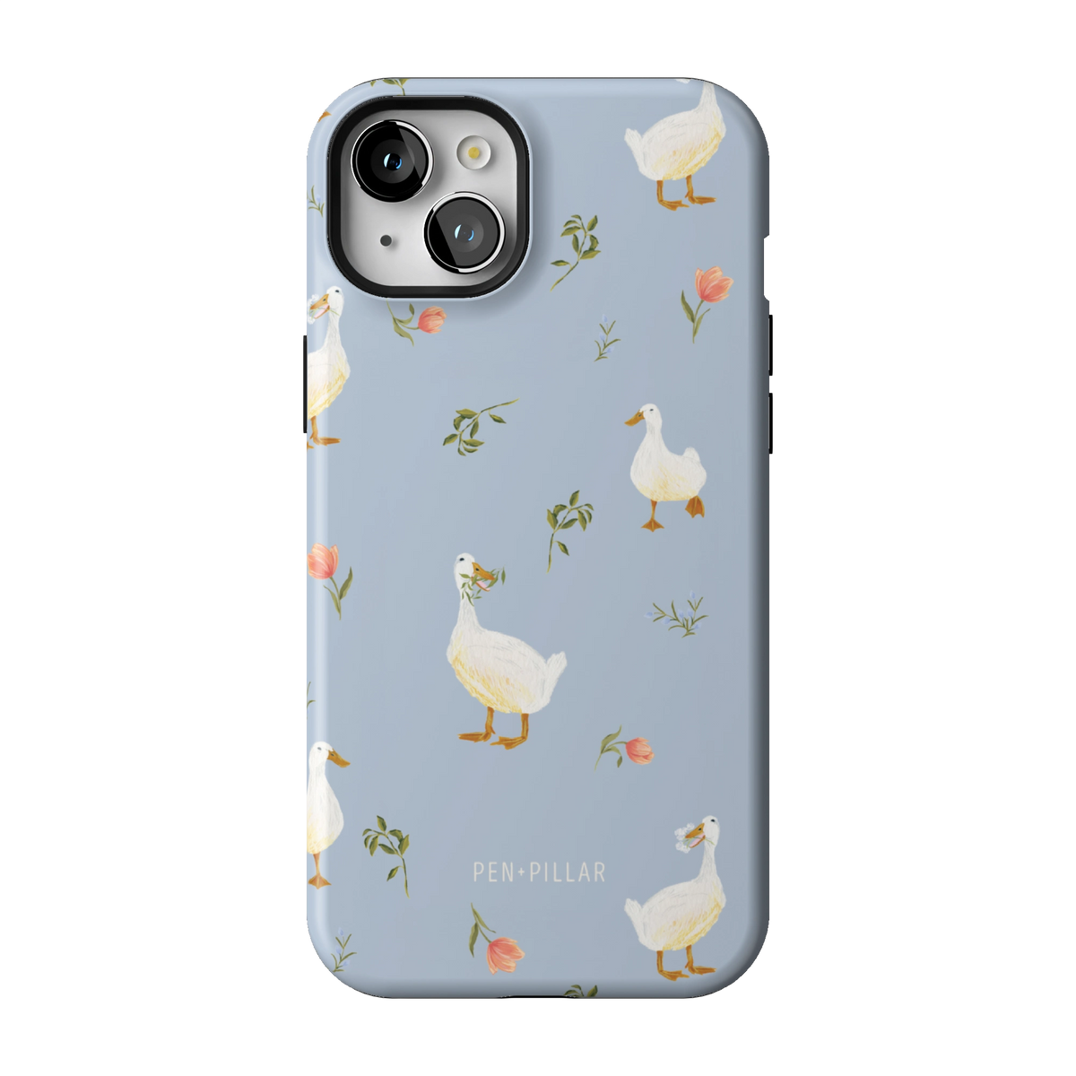 Ducks case on iPhone 15 Plus, back view: white ducks and small flower sprigs on soft blue