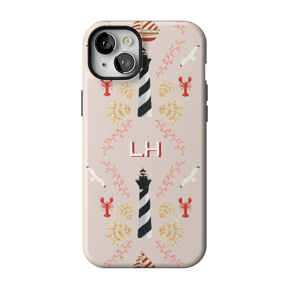 Lighthouse Personalized case on iPhone 15 Plus, back view: striped lighthouses, lobsters and seashells on blush with the initials LH