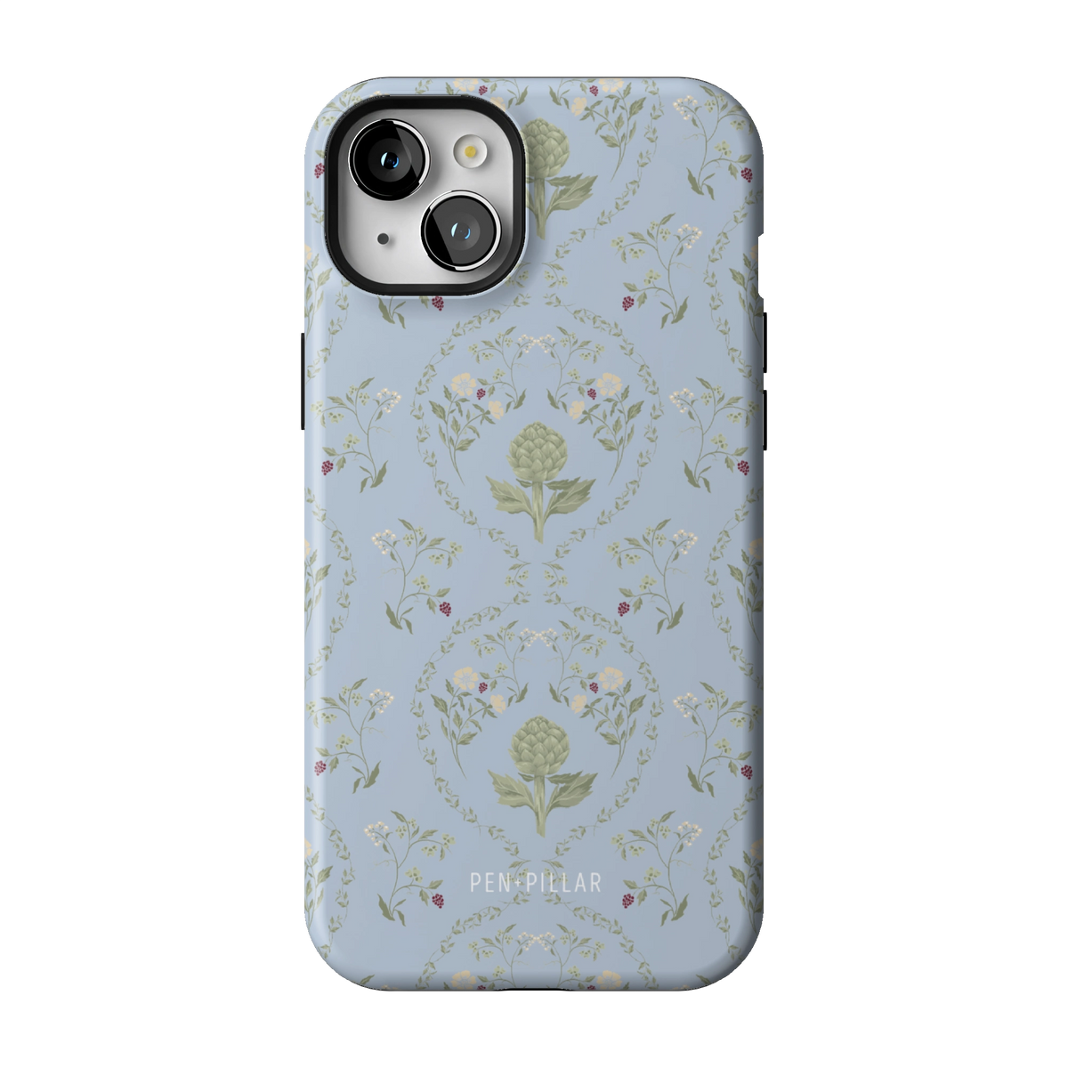 Artichoke case on iPhone 15 Plus, back view: soft green artichokes in a vintage trellis on dusty blue