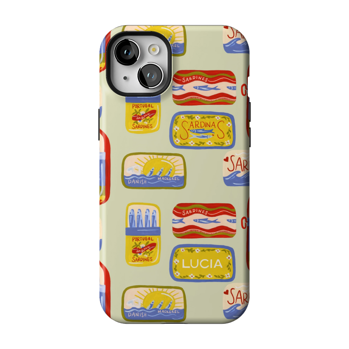 Sardines Personalized case on iPhone 15 Plus, back view: vintage sardine tins on pale sage with the name Lucia