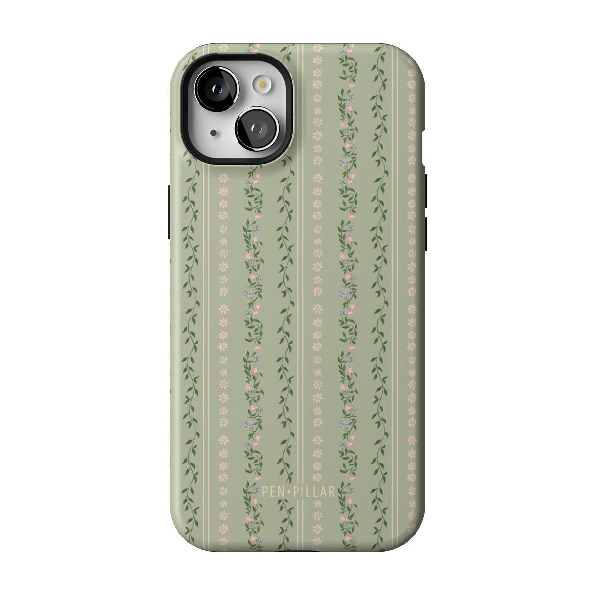 Camellia case on iPhone 15 Plus, back view: sage green with soft floral stripes