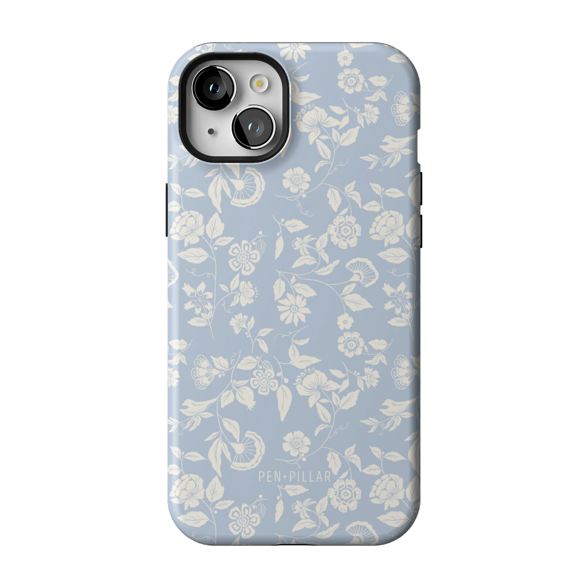 Spritz case on iPhone 15 Plus, back view: white florals on soft blue