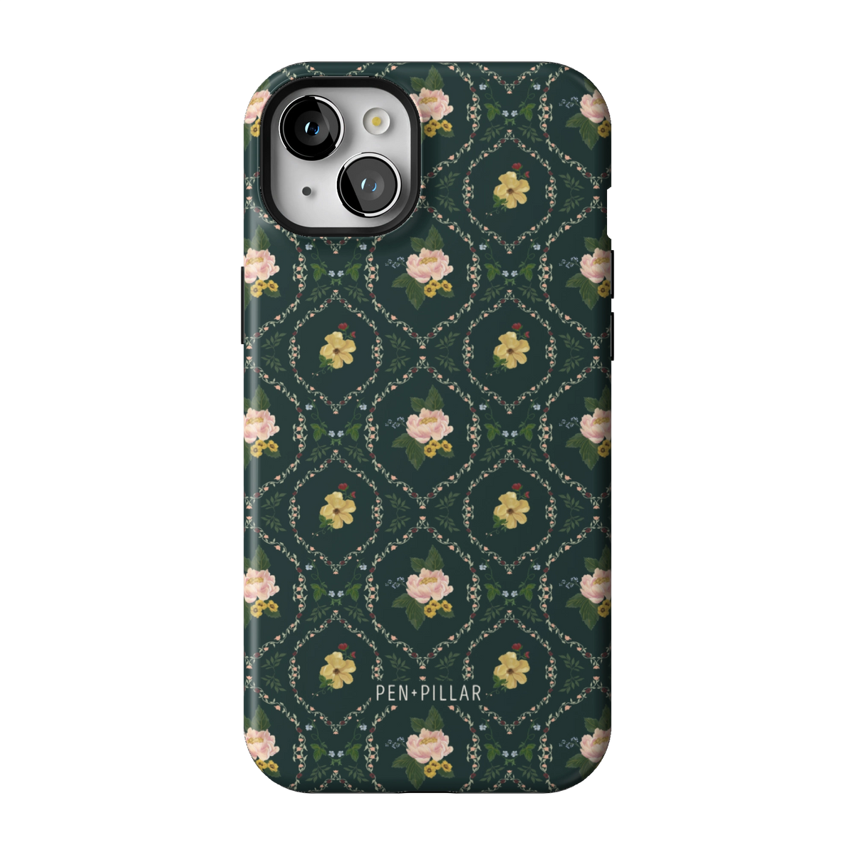 Meadow case on iPhone 15 Plus, back view: small yellow and pink flowers in a diamond trellis on deep green