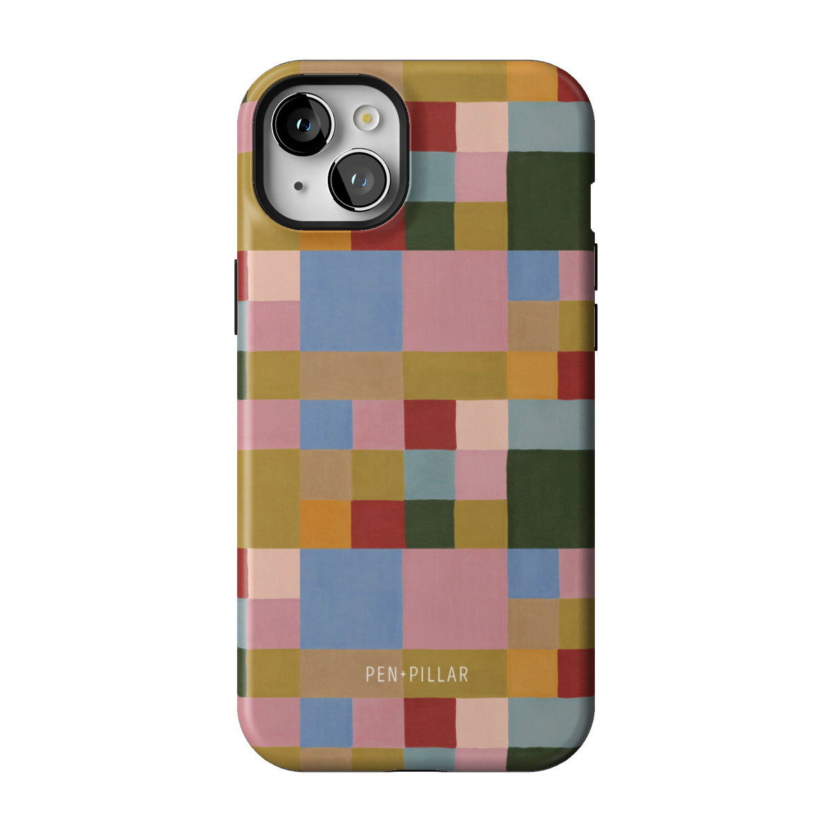 Colorblock case on iPhone 15 Plus, back view: painterly squares in blush, sky blue, mustard, rust and forest green