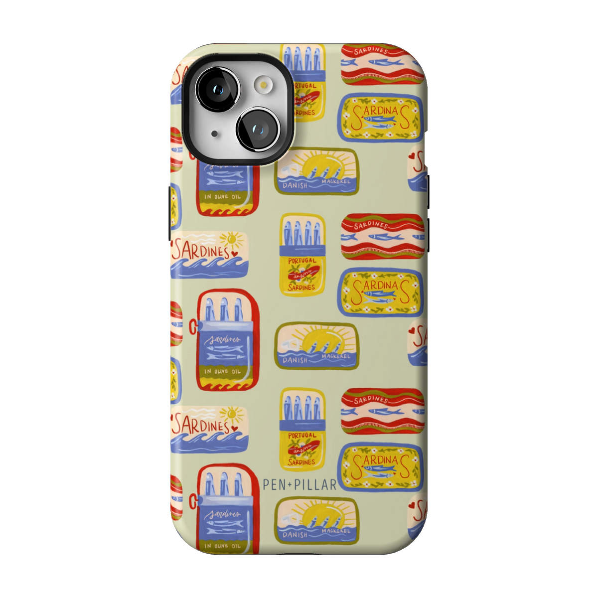 Sardines case on iPhone 15 Plus, back view: vintage sardine tins on pale sage