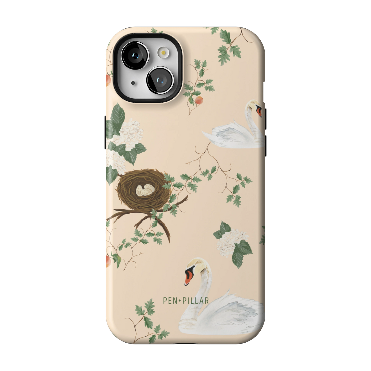 Swan Hollow case on iPhone 15 Plus, back view: swans, a bird's nest and trailing greenery on cream