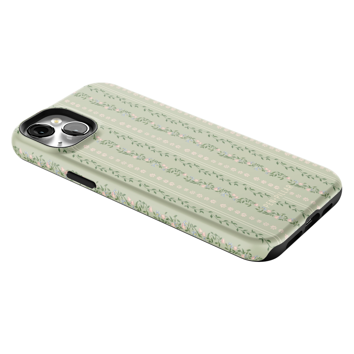 Camellia iPhone 15 Plus case lying at an angle, showing the side buttons and print wrapping the edges