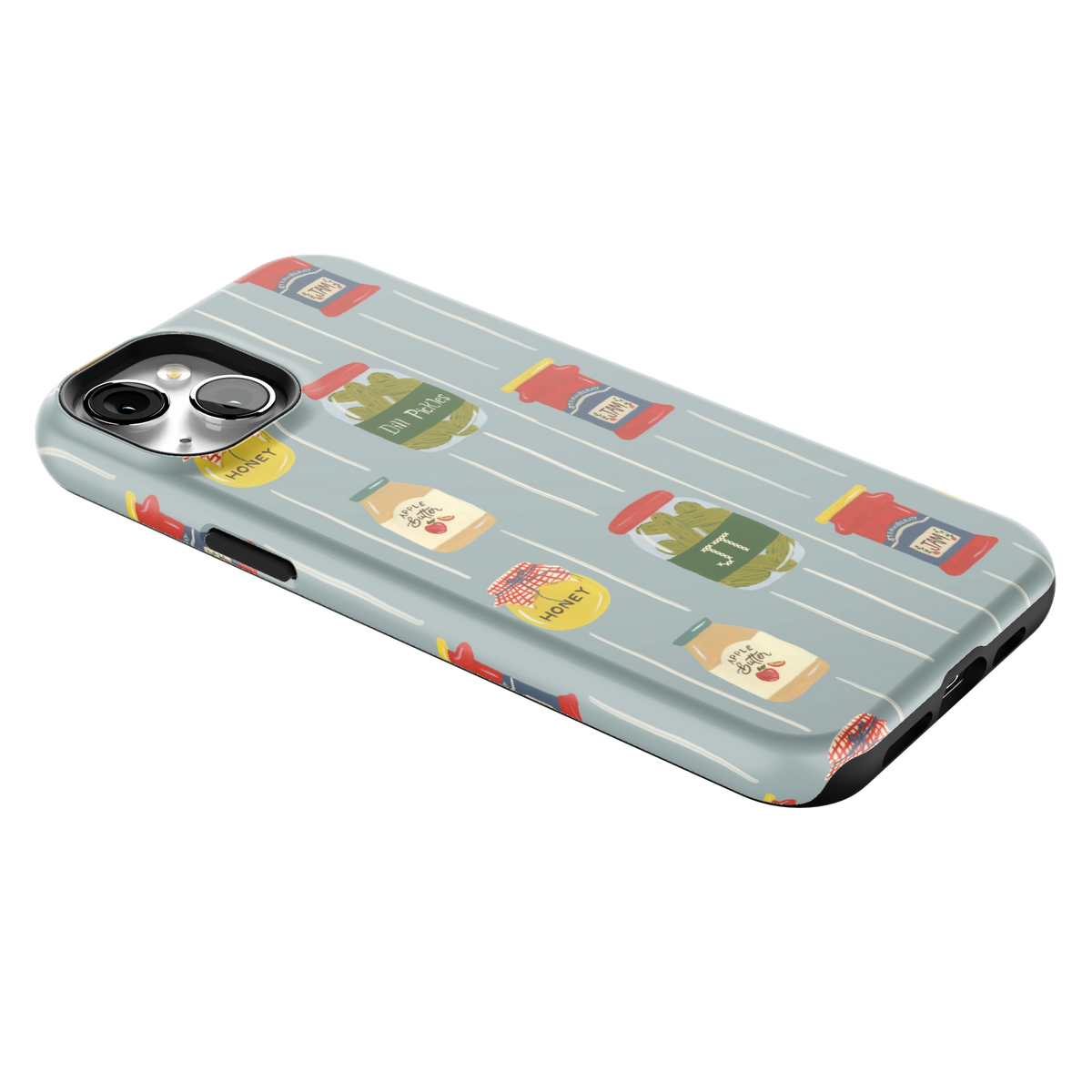 Preserves Personalized iPhone 15 Plus case lying at an angle, showing the side buttons and print wrapping the edges
