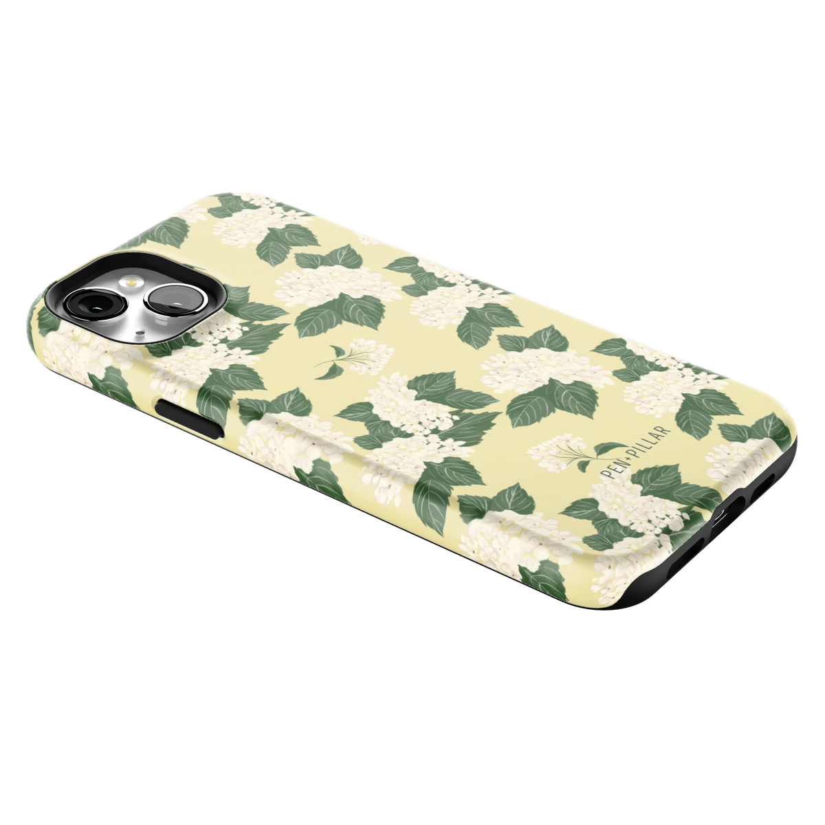 Hydrangea iPhone 15 Plus case lying at an angle, showing the side buttons and print wrapping the edges