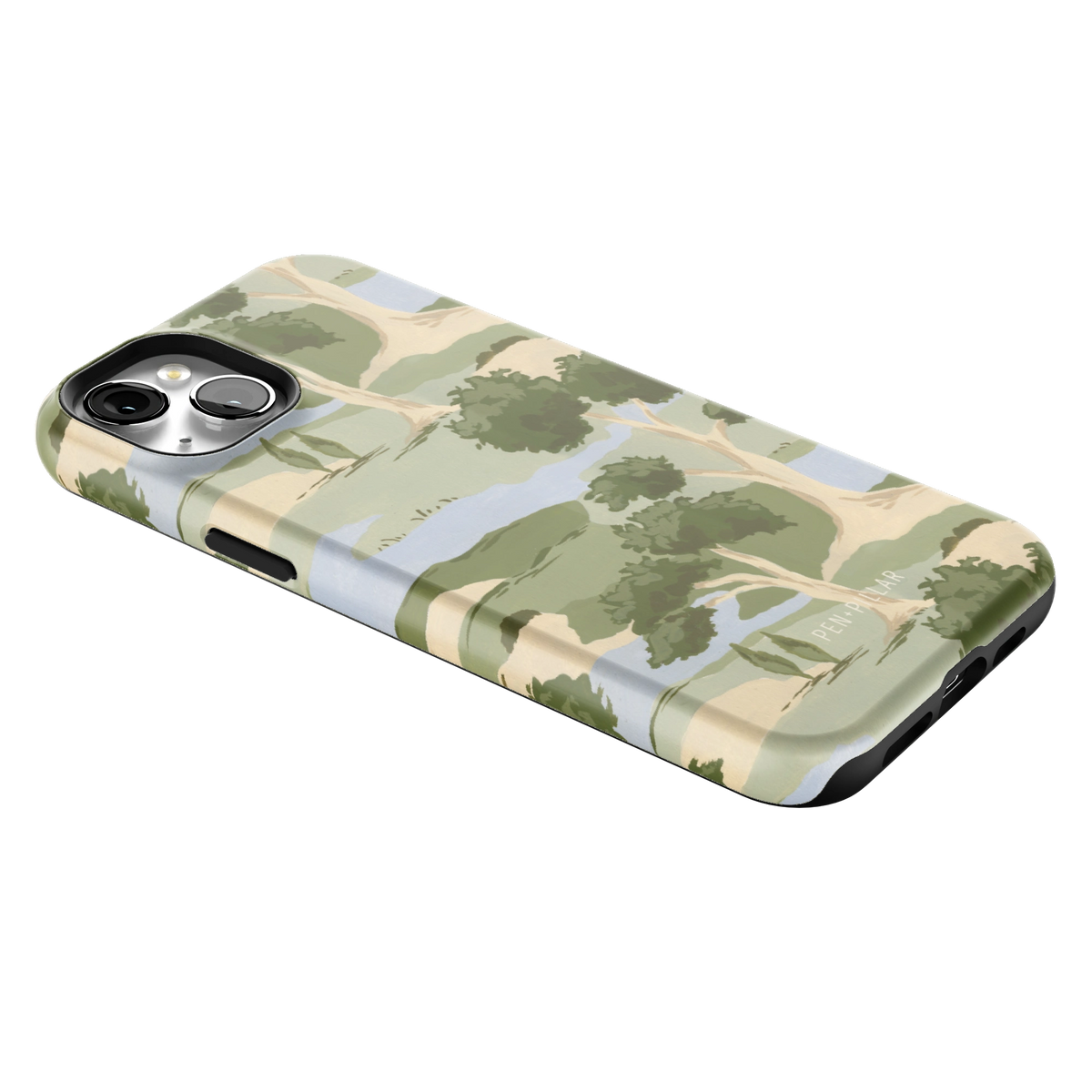 Orchard iPhone 15 Plus case lying at an angle, showing the side buttons and print wrapping the edges