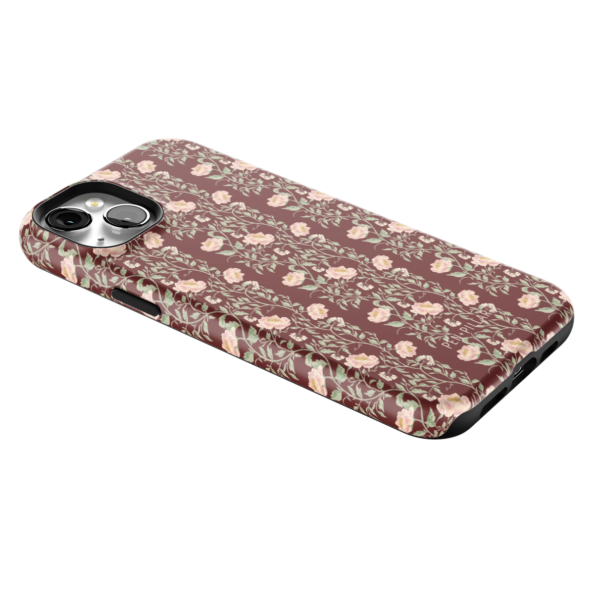 Thicket iPhone 15 Plus case lying at an angle, showing the side buttons and print wrapping the edges