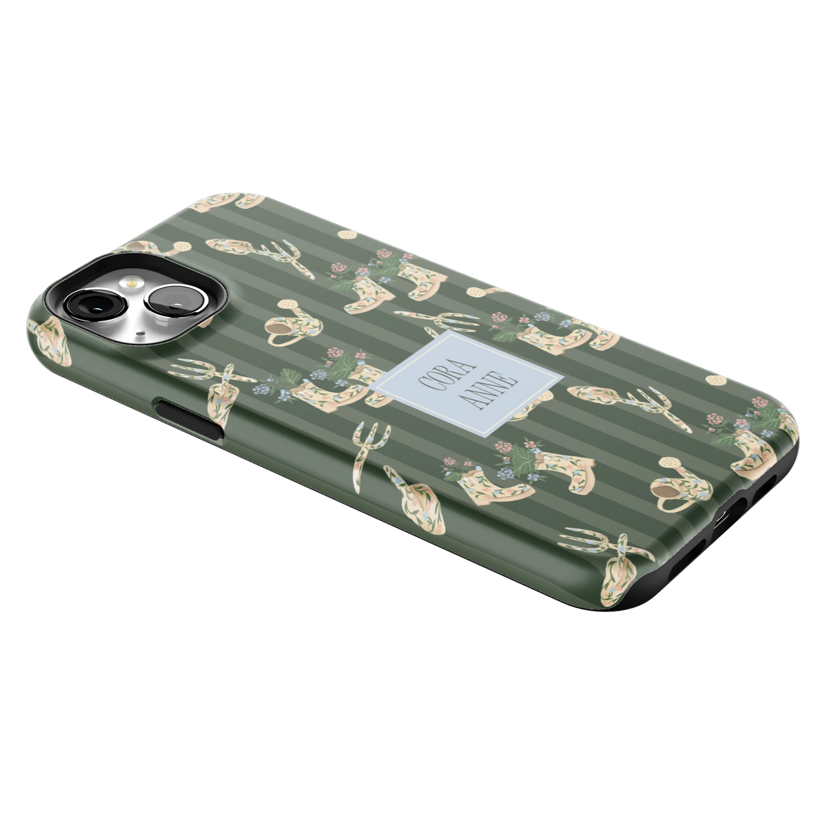 In the Garden Personalized iPhone 15 Plus case lying at an angle, showing the side buttons and print wrapping the edges