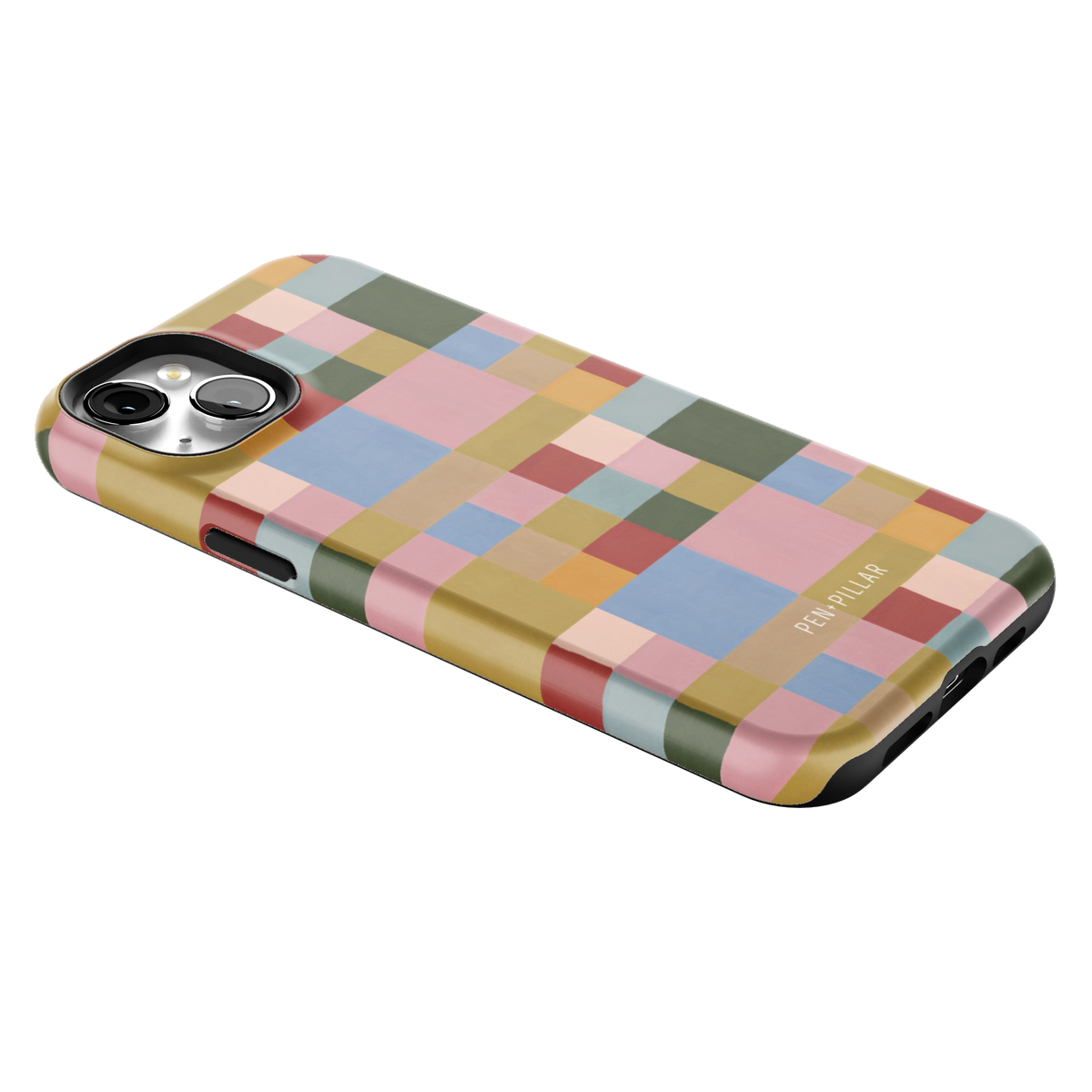 Colorblock iPhone 15 Plus case lying at an angle, showing the side buttons and print wrapping the edges