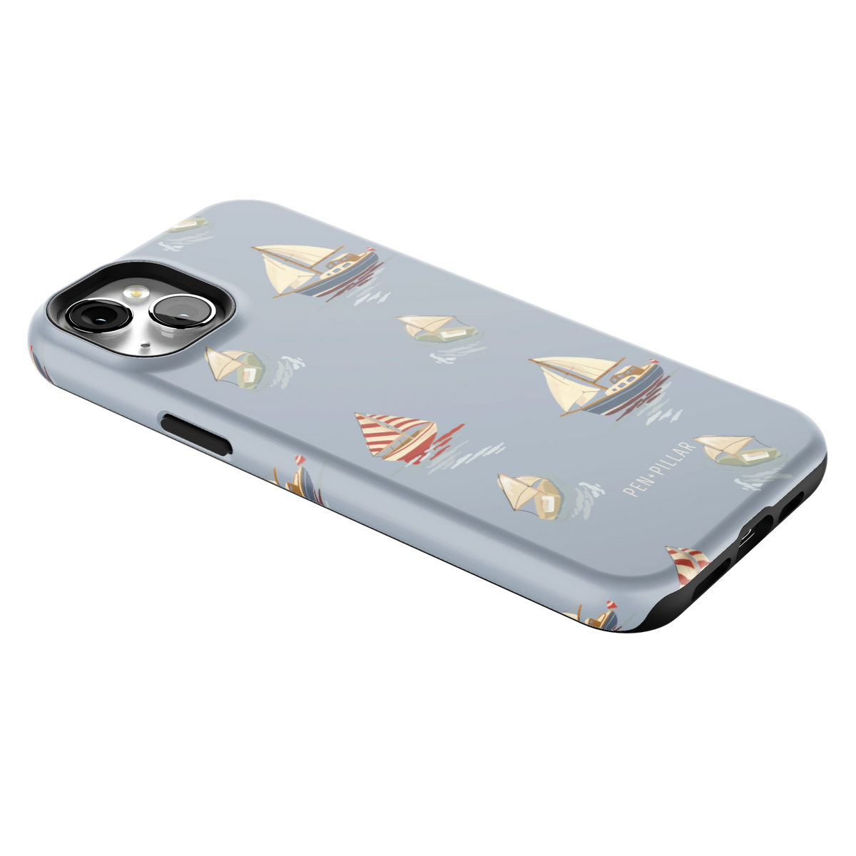 Harbor iPhone 15 Plus case lying at an angle, showing the side buttons and print wrapping the edges