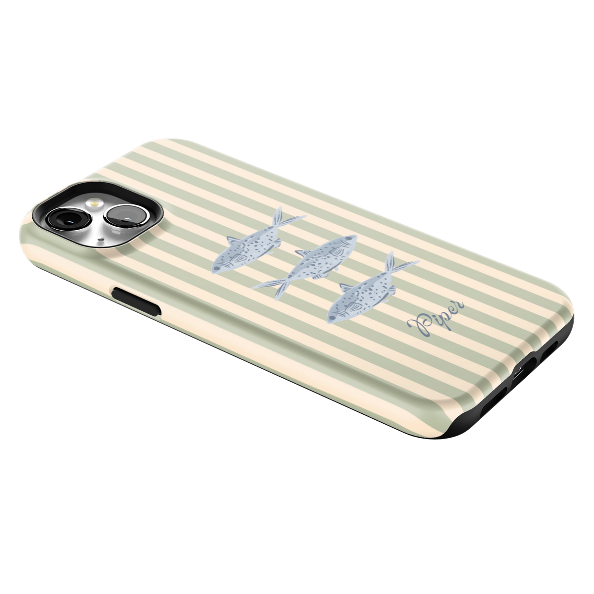 Sea Stripes Personalized iPhone 15 Plus case lying at an angle, showing the side buttons and print wrapping the edges