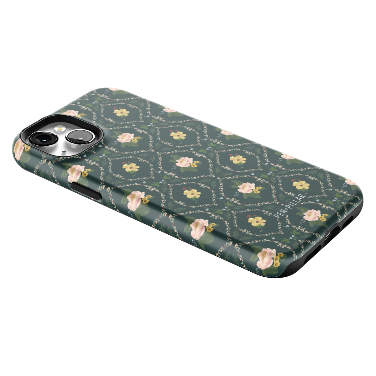 Meadow iPhone 15 Plus case lying at an angle, showing the side buttons and print wrapping the edges
