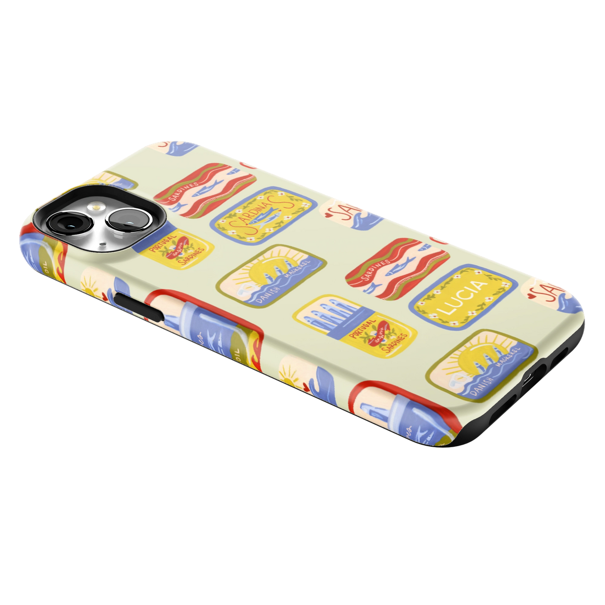 Sardines Personalized iPhone 15 Plus case lying at an angle, showing the side buttons and print wrapping the edges