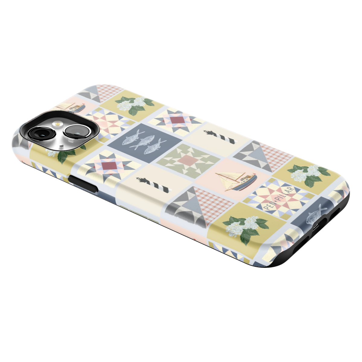 Coastal Quilt iPhone 15 Plus case lying at an angle, showing the side buttons and print wrapping the edges