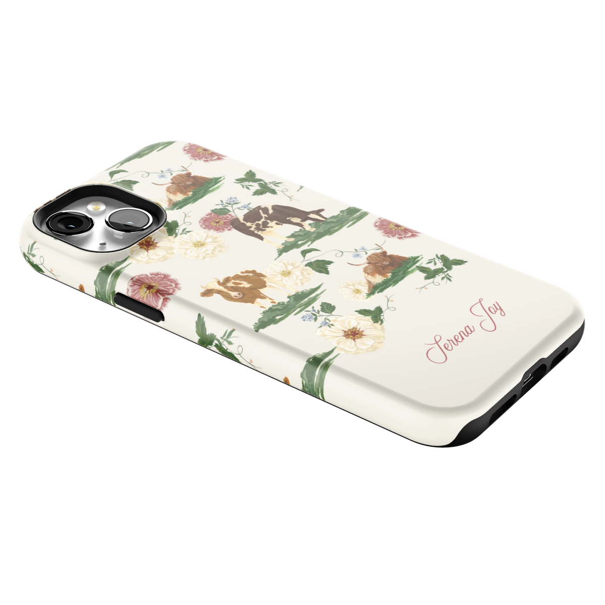Pasture Personalized iPhone 15 Plus case lying at an angle, showing the side buttons and print wrapping the edges