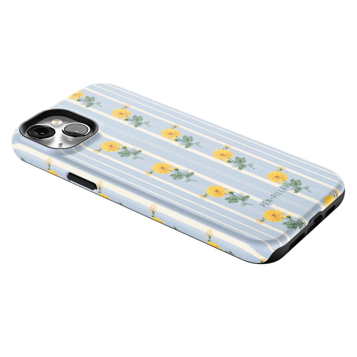 October Birth Month iPhone 15 Plus case lying at an angle, showing the side buttons and print wrapping the edges