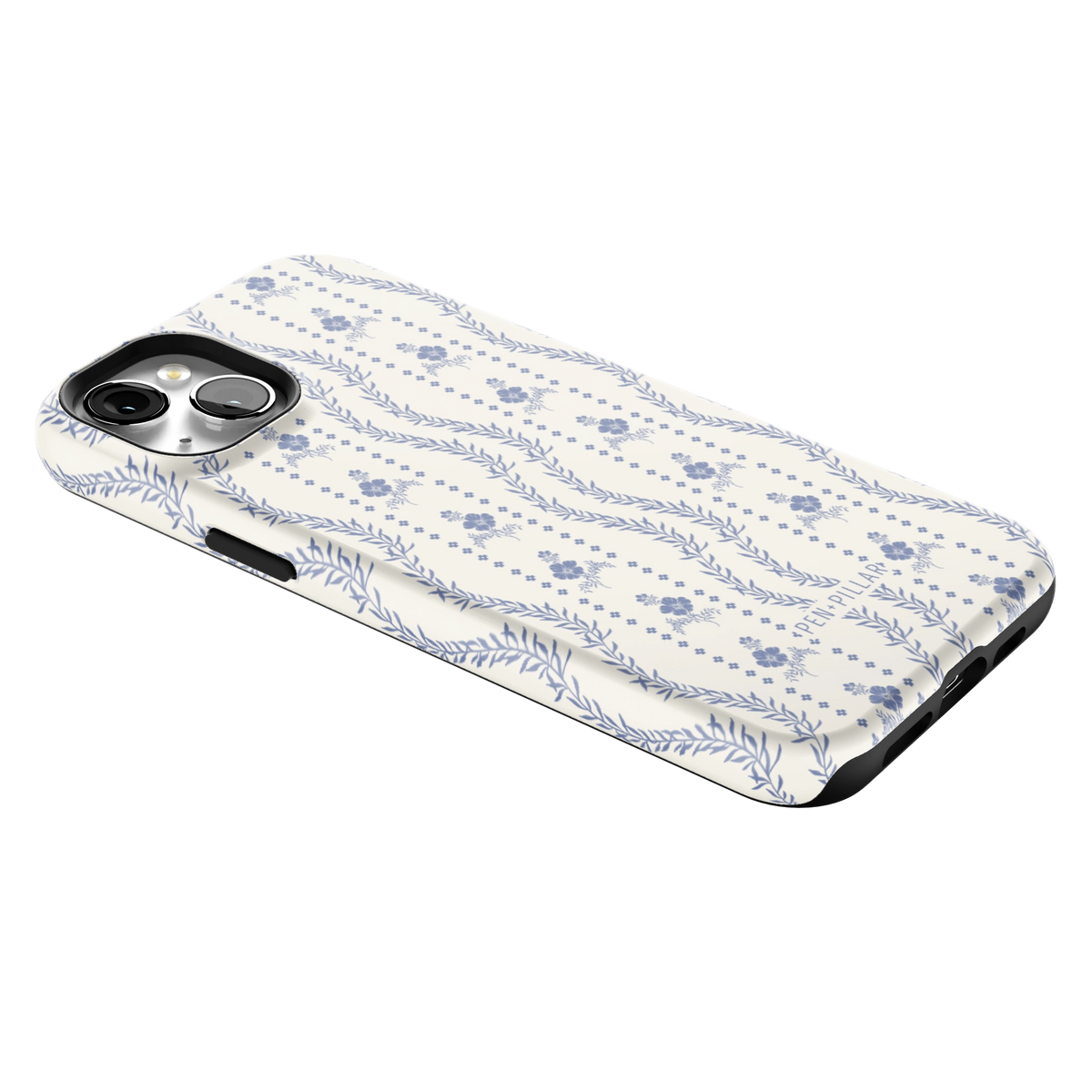 Riviera iPhone 15 Plus case lying at an angle, showing the side buttons and print wrapping the edges