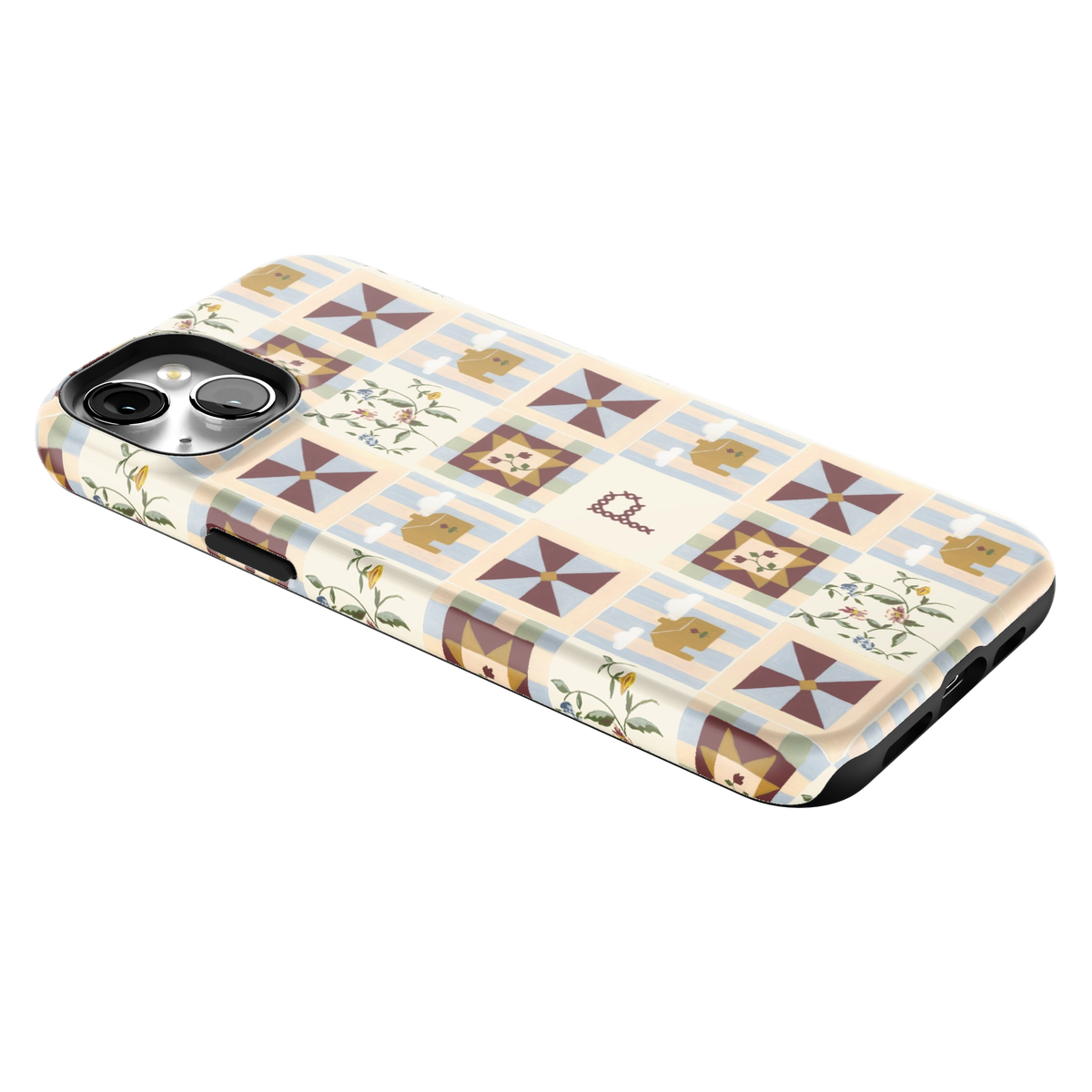 Pinwheel Personalized iPhone 15 Plus case lying at an angle, showing the side buttons and print wrapping the edges